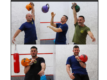 De izq a dcha. Nelson Iban Salcedo, Eduardo Díez, entrenador del KTB Olympus, Patxi Ekiza, David González e Imanol Pedreño, campeones del mundo en Kettlebell entrenando en el polideportivo de Esquíroz