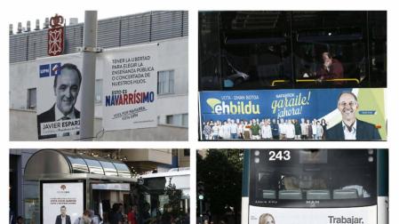 Combo de marquesinas, autobuses y postes de luz, lugares ya habituales donde los partidos políticos colocan su propaganda electoral.