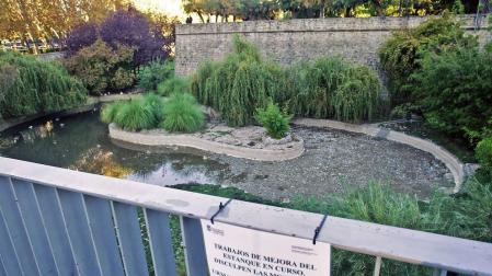 Labores de mejora en el estanque de los patos de la Taconera de Pamplona