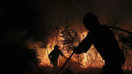 Bomberos y brigadas forestales de la Xunta de Galicia apagan un incendio.