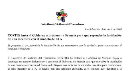 Víctimas del terrorismo critican el monolito que recuerda el desarme en Bayona