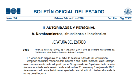 El BOE publica el cese de Mariano Rajoy y el nombramiento de Pedro Sánchez
