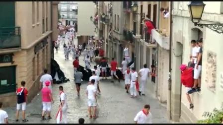 Los mozos reconducen a un manso rezagado en el quinto encierro de Estella