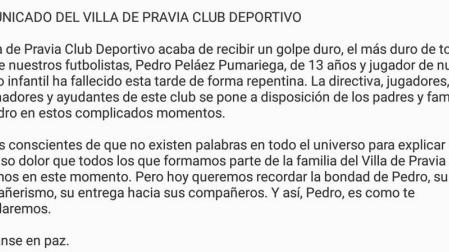 Fallece de manera "repentina" un niño de 13 años del CD Villa de Pravia asturiano