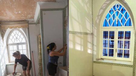 EL ANTES Y EL DESPUÉS DEL BAÑO. En la fotografía de la izquierda, las voluntarias Inma Ciriza Marco y Pili Jiménez Pacheco se afanan por recuperar el baño de la fortaleza de Cortes. A la derecha, aspecto final de la restauración de esta estancia.