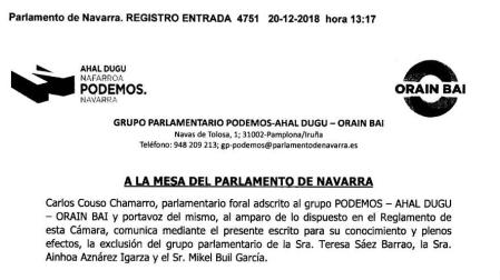 Podemos Orain Bai expulsa del grupo parlamentario a Aznárez, Buil y Saez