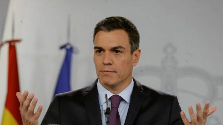 El presidente del Gobierno, Pedro Sánchez, durante su comparecencia antes los medios en el Palacio de La Moncloa.