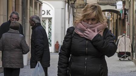 Una mujer se protege del frío de los últimos días en Estella.