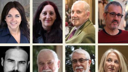 AUTORES QUE VAN A PUBLICAR EN EL PRIMER TRIMESTRE DEL AÑO. En la fila superior, de izquierda a derecha, Maribel Medina, Marina Aoiz, Emilio Garrido y Patxi Irurzun. En la fila inferior, de izquierda a derecha, Adonis Sánchez, Jesús Hernández Aristu, Koldo Pla e Isabel Blanco Ollero.