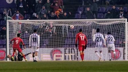 Momento del gol del Getafe ante el Valladolid durante el partido de vuelta de octavos de final de la Copa del Rey en el estadio José Zorrilla.