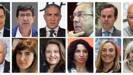 El nuevo gobierno de la Junta de Andalucía. De arriba a abajo y de izquierda a derecha, Juanma Moreno Bonilla, presidente de la Junta de Andalucía; Juan Marín Lozano, vicepresidente y consejero de Turismo, Regeneración Democrática, Administración Local y Justicia; Elías Bendodo Banasayag, Consejería de Presidencia, Administraciones Públicas e Interior; Rogelio Velasco Pérez, Consejería de Economía, Conocimiento, Empresas y Universidad; Alberto García Valera, Consejería de Hacienda, Industria y Energía; Javier Imbroda Ortíz, Consejería de Educación y Deportes ; Jesús Aguirre Muñoz, Consejería de Salud y Familias; Rocio Blanco Eguren, Consejería de Empleo, Formación y Trabajo Autónomo; Carmen Crespo Díaz, Consejería de Agricultura, Ganadería, Pesca y Desarrollo Sostenible; Rocío Ruiz Domínguez, Consejería de Igualdad, Políticas Sociales y Conciliación; Marifrán Carazo Villalonga, Consejería de Fomento, Infraestructuras y Ordenación del Territorio; Patricia del Pozo, Consejería de Cultura y Patrimonio.