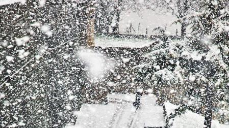 Nevada sobre el portal de Francia, en Pamplona, el 14 de marzo de 2016.