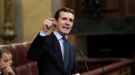 El presidente del PP, Pablo Casado, interveniene en el debate de totalidad de los presupuestos este martes en el pleno del Congreso.