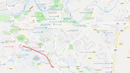 Mapa con los puntos señalados de las alteraciones del tráfico en Pamplona y la Comarca este jueves, 21 de febrero.