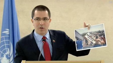 Captura del vídeo institucional de la ONU, del ministro de Relaciones Exteriores de Venezuela, Jorge Arreaza, durante su intervención en el Consejo de Derechos Humanos de la ONU, en la que una veintena de gobiernos boicotiearon su discurso y abandonaron la sala apenas éste ingreso en ella.