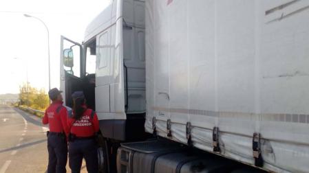 Agentes de la Policía Foral, junto al camión en Lodosa.