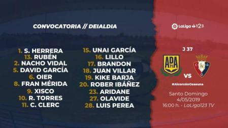 Convocatoria de Osasuna para el partido en Alcorcón