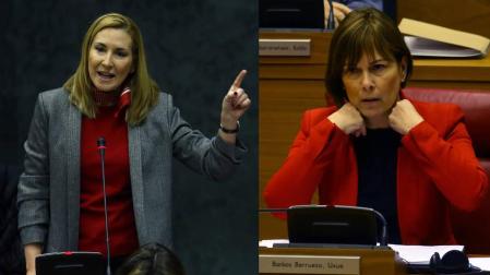Ana Beltrán y Uxue Barkos, durante su enfrentamiento este jueves en el Parlamento foral.
