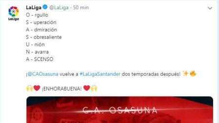Instituciones, equipos rivales y jugadores felicitan a Osasuna