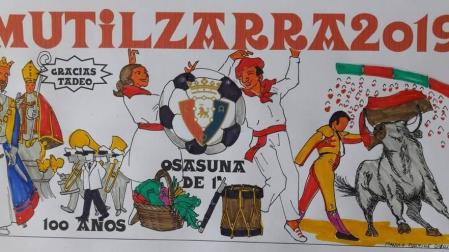 La pancarta de la Peña Mutilzarra evita las críticas y homenajea las fiestas