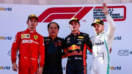 Podio del Gran Premio de Austria de Fórmula 1, en el que Verstappen se ha impuesto a Leclerc y Bottas.