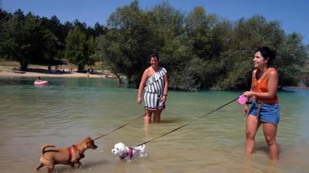 Maider y Verónica, que no sabían nada de la nueva normativa, refrescándo en el embalse de Alloz a sus dos perros.