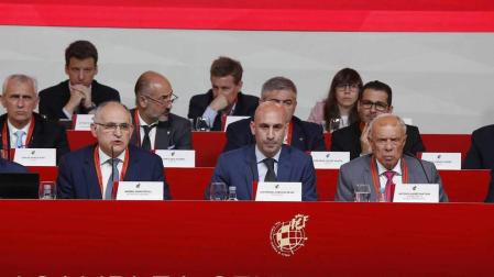 El presidente de la Federación Española de Fútbol (RFEF), Luis Rubiales (c), durante la Asamblea General Ordinaria de la Federación.