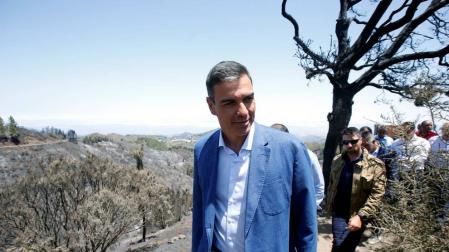 Sánchez visita Gran Canaria por el peor incendio forestal de España en seis años, en Valleseco, España,