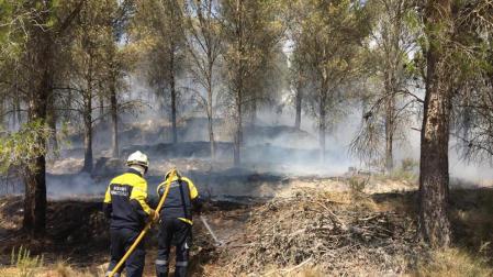 Bomberos tratan de extinguir el fuego en Tafalla.