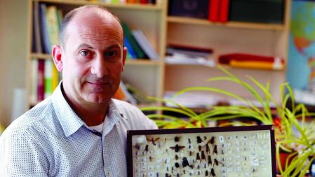 Enrique Baquero Martín, con una muestra de insectos disecados en la Universidad de Navarra.