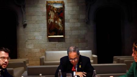 El presidente de la Generalitat, Quim Torra, durante la reunión que ha mantenido con alcaldes catalanes.