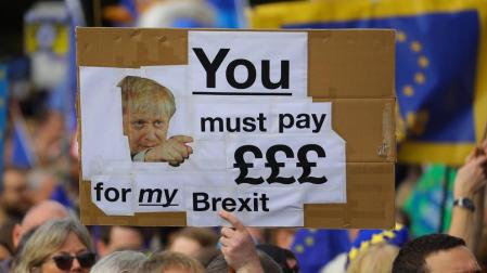 Un manifestante contrario al Brexit sostiene una pancarta contra Boris Johnson.