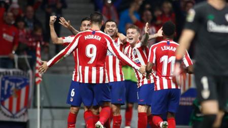 Morata celebra un gol ante el Athletic de Bilbao con sus compañeros