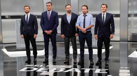 Pedro Sánchez (PSOE), Pablo Casado (PP), Pablo Iglesias (Unidas Podemos), Alberti Rivera (Ciudadanos) y Santiago Abascal (VOX) protagonizaron el único debate entre los candidatos en la campaña electoral de las elecciones generales que se celebran el 10 de noviembre de 2019.