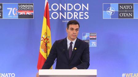 Pedro Sánchez, en la rueda de prensa en la cumbre de la OTAN en Londres.