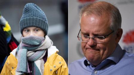 Combo de imágenes de la activista Greta Thunberg y el primer ministro australiano Scott Morrison.
