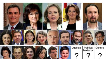 Izda a dcha: Sánchez, Calvo, Nadia Calviño, Teresa Ribera, Pablo Iglesias, Grande-Marlaska, Ábalos, Irene Montero, Planas, Maroto, Yolanda Díaz, Castells, Garzón, Illa, Celáa, Pedro Duque, María Jesús Montero, Margarita Robles, Escrivá y González Laya.