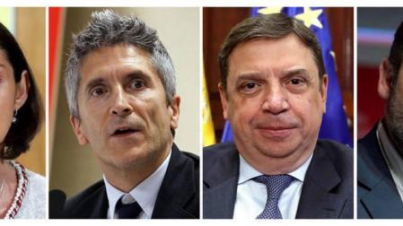 De izquierda a derecha, Reyes Maroto estará al frente del Ministerio de Industria; Fernando Grande-Marlaska en Interior; Luis Planas se mantiene en el Ministerio de Agricultura, Pesca y Alimentación; y José Luis Ábalos estará al frente de Transporte, Movilidad y Agenda Urbana, según han informado a Efe fuentes del Ejecutivo este viernes.