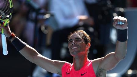 Rafa Nadal celebra su victoria ante Dellien.