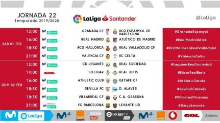 Señalamientos y horarios de la jornada 22 de LaLiga Santander.