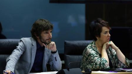 El portavoz parlamentario de Podemos Mikel Buil durante el pleno de investidura de María Chivite.