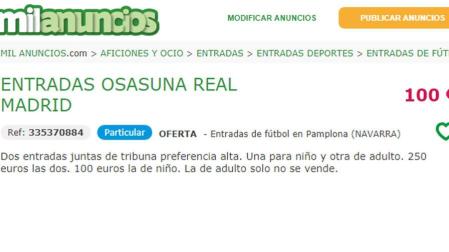 La reventa de entradas para el Osasuna-Real Madrid se dispara en los portales web