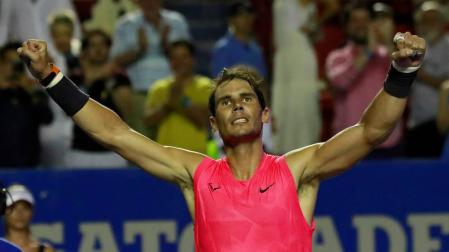 Nadal celebra su victoria ante Grigor Dimitrov.