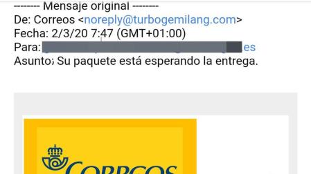 Uno de los correos electrónicos con los que se estafa simulando un mail de Correos