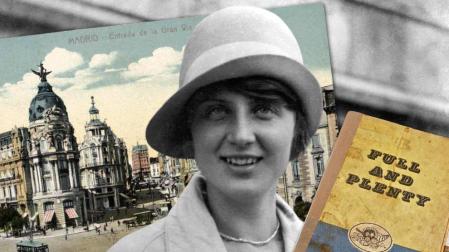 Postal de Madrid y recetario de Maura Laverty (Eating for Ireland) sobre retrato de los años 20. r. c.