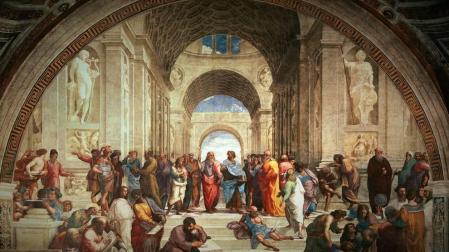 La escuela de Atenas, una de los cuadros más importantes del Alto Renacimiento que pintó el maestro italiano Rafael.