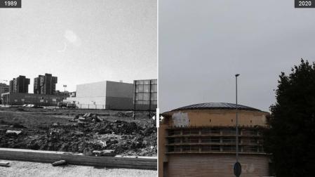 Imágenes del centro de salud de Ermitagaña en 1989 y en 2020.