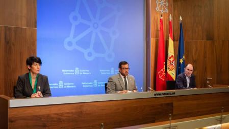 La consejera de Economía y Hacienda del Gobierno de Navarra, Elma Saiz, y el consejero de Desarrollo Económico, Manu Ayerdi, en su primera rueda de prensa tras superar el coronavirus.