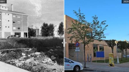 A la izquierda el solar, junto al parque Erreniega, donde se iba a construir el centro de salud de Zizur Mayor. A la derecha, el centro de salud en la actualidad.