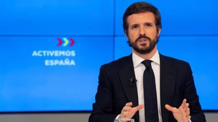 El líder del PP, Pablo Casado, en la rueda de prensa de este martes.